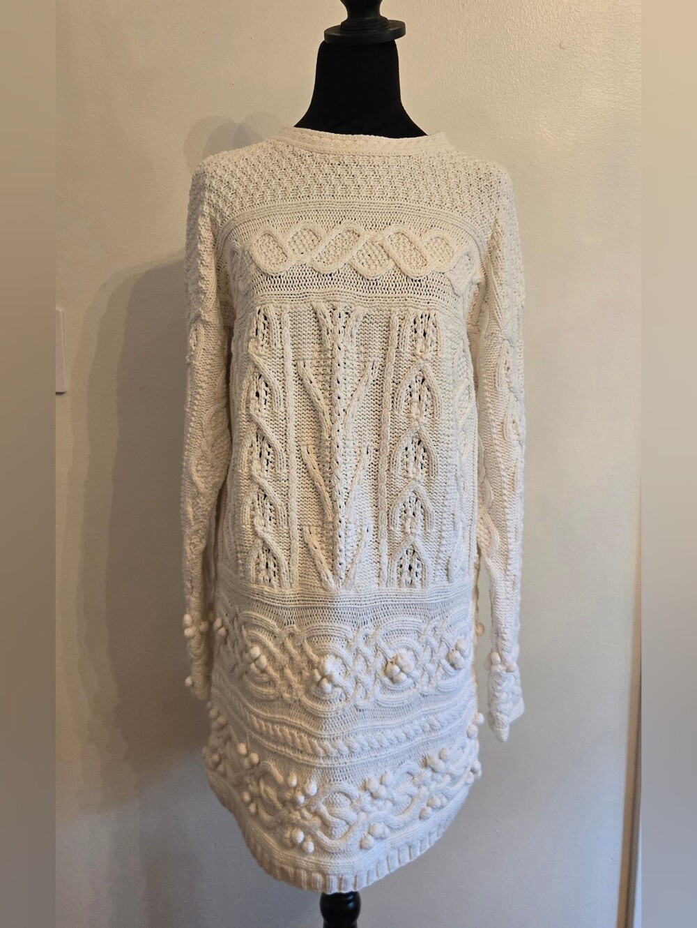 Laura Ashley Vintage Cream Cable Knit Long Tunic Sweater Mini Dress Cotton Small